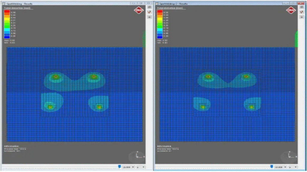 Simplified thermal simulation of welding process in Simufact with reduced geometry and load assumptions