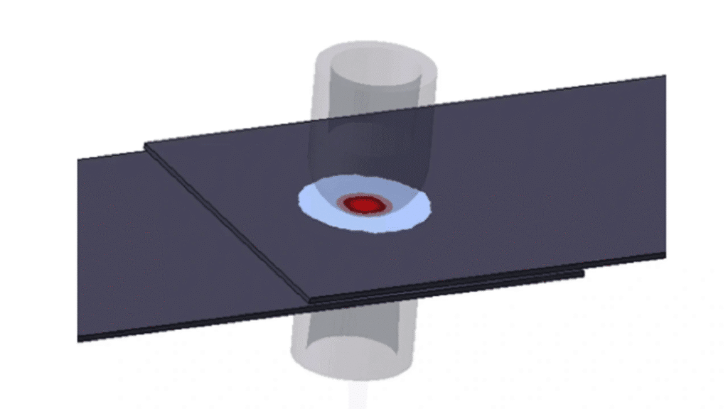 Simulation of resistance spot welding in Simufact showing nugget formation and thermal zones