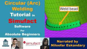 Simufact arc welding simulation showing thermal heat flow and residual stress map in welded joint