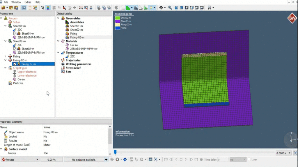Simufact Welding simulation of resistance spot welding showing heat zones and electrode pressure on sheet metal