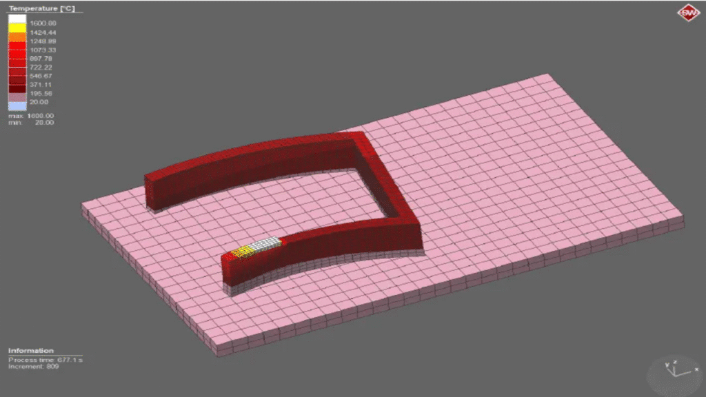 Simufact simulation of laser metal deposition process showing thermal gradient and residual stress in additive manufactured part